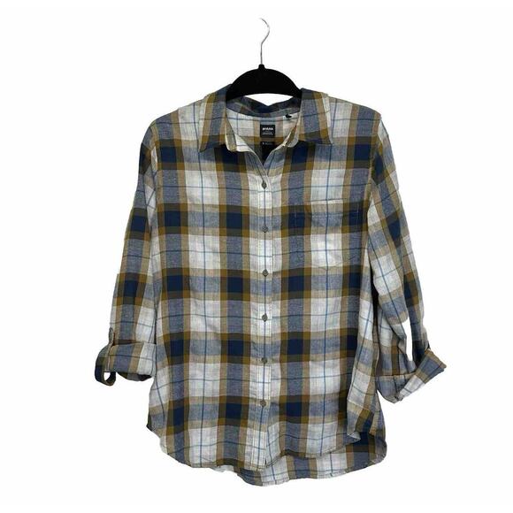 prAna Plaid Flannel‎ Shirt Blue & Yellow Plaid Button Up Size Small Front Pocket - Picture 1 of 8